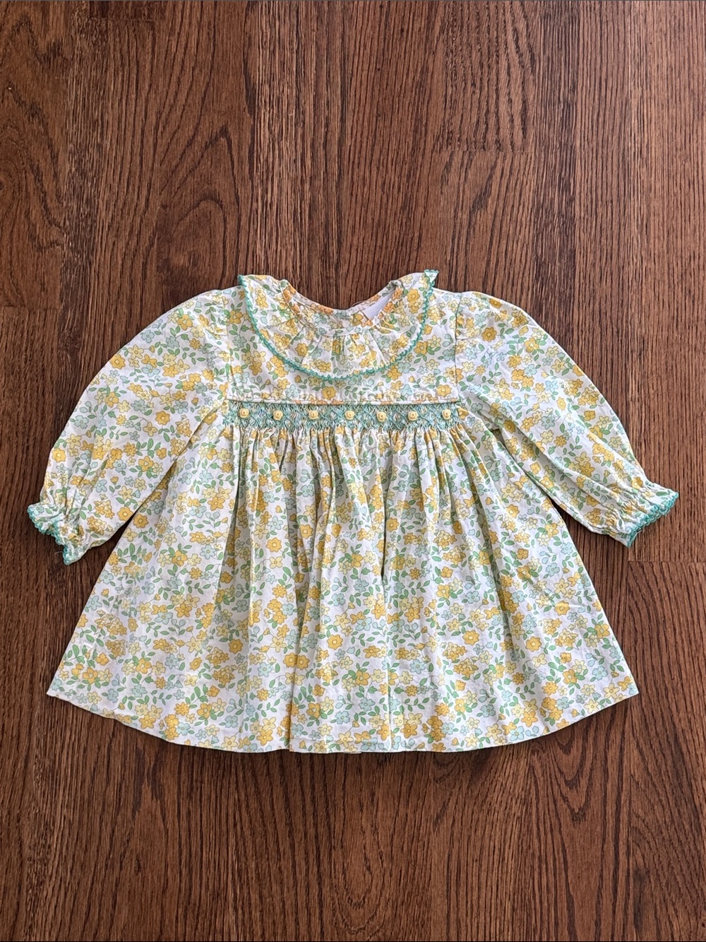 Sweet Floral Stitchy Fish Yellow Smocked Embroidered Ruffle Collar Dress